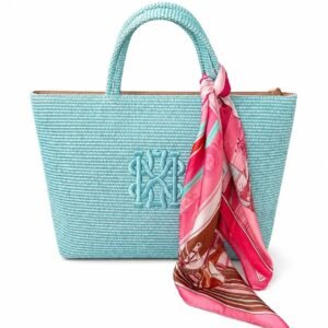 Woven Raffia Zip-Top Tote Bag in Aqua