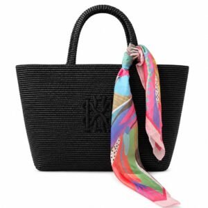 Woven Raffia Structured Tote Bag in Black