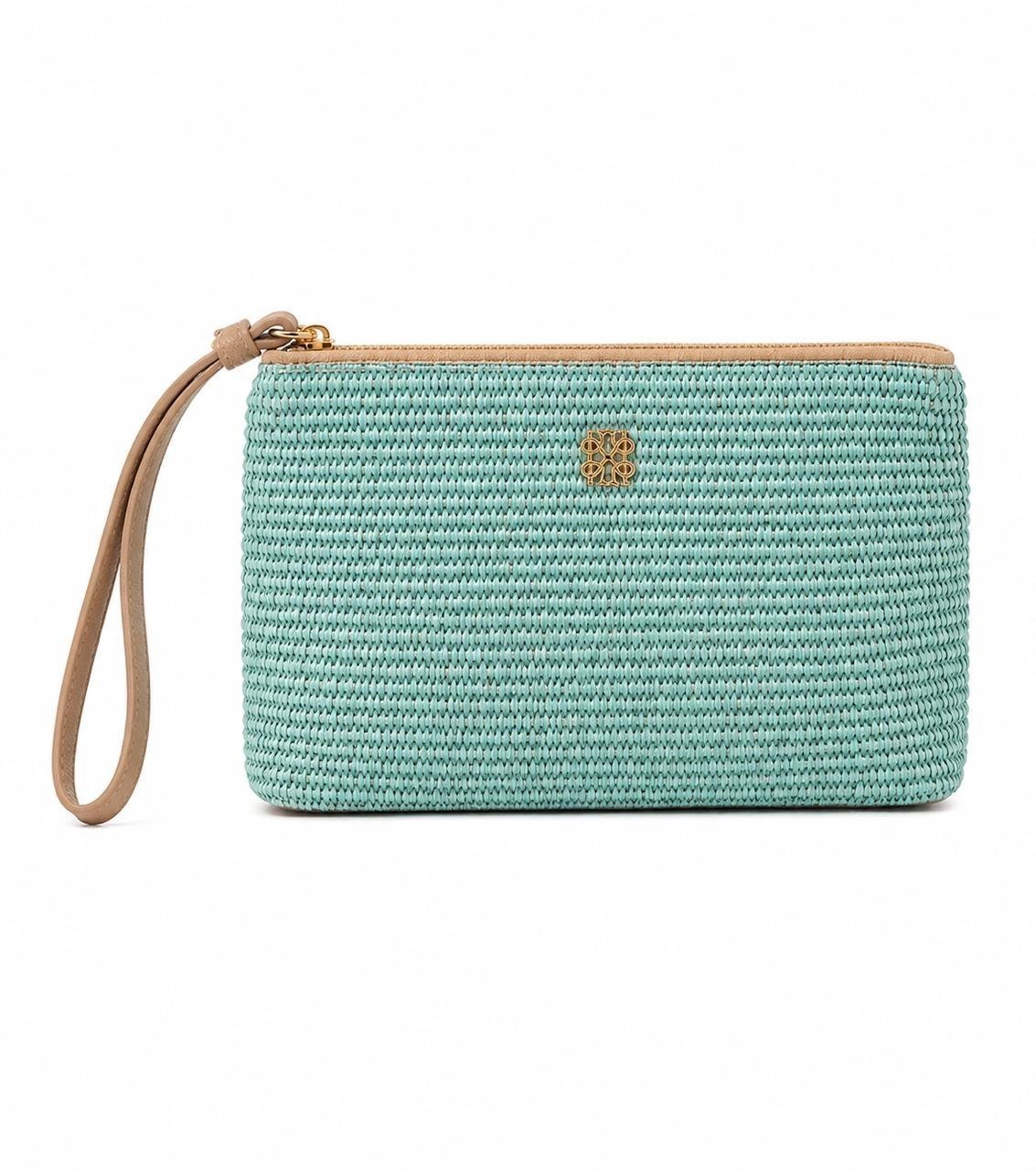 Woven Straw Wristlet Pouch Clutch in Mint